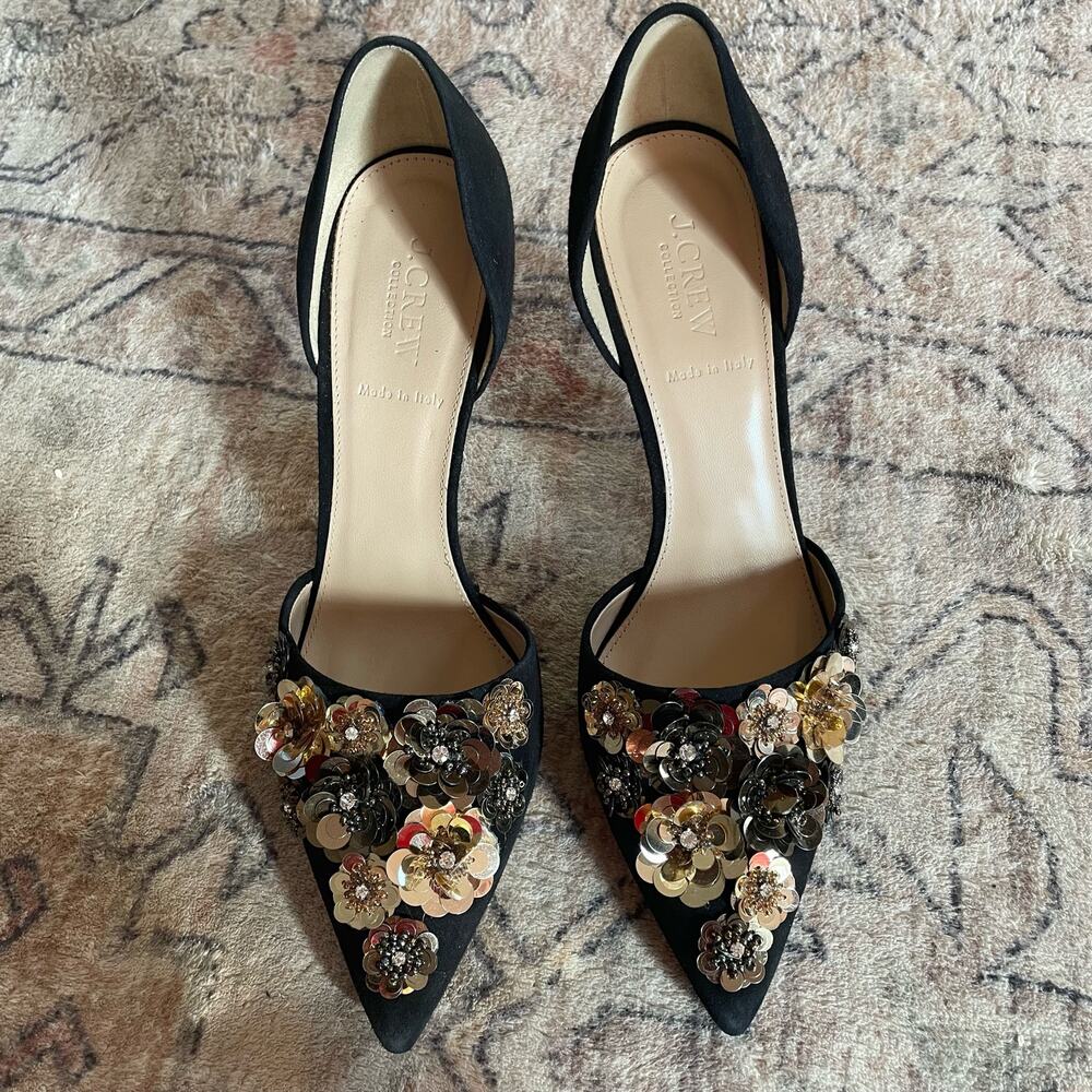 J. Crew Collection SZ 10 Elsie Floral Sequin D'Orsay Pumps Black Suede Heels EUC - Picture 3 of 10